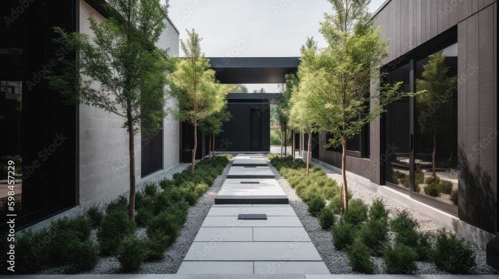 Minimalist walkway with a sleek design and minimalist landscaping, generative ai