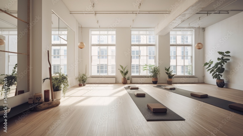 Minimalist yoga studio with a serene atmosphere and natural light,  generative ai Stock Illustration