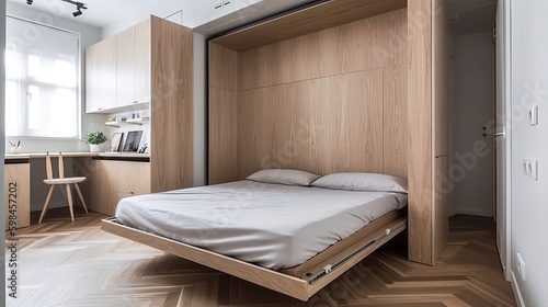 Minimalist studio apartment with a Murphy bed and multifunctional furniture, generative ai photo