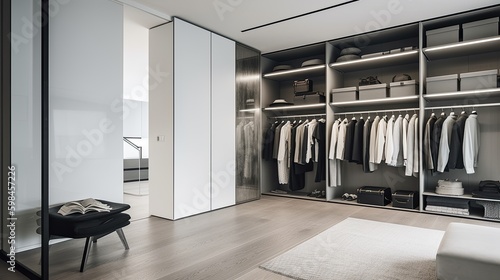 Minimalist walk-in closet with sleek storage solutions and a modern design  generative ai
