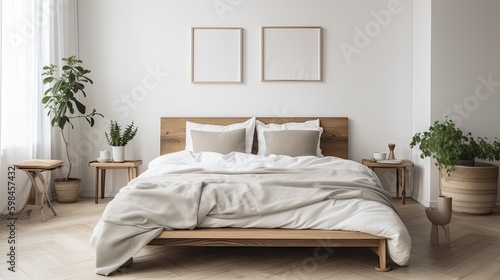 Simple Scandinavian-inspired bedroom with neutral colors, generative ai © Creative Station