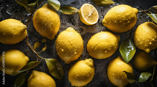 Fresh ripe lemons with water drops background. Fruits backdrop. Generative AI