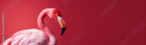 Flamingo profile on a red uniform background. Beautiful colorful bird. Generative AI © AngrySun