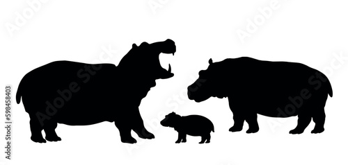 Hippos. Silhouette of hippos and baby hippo. Animal Family. Isolated. Vector illustration