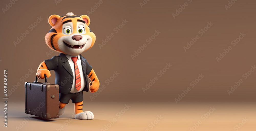 Cute Cartoon Tiger in a Business Suit carrying a Briefcase (Generative AI)