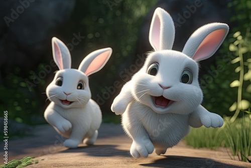 Cute Cartoon Rabbits Running (Generative AI) © JJAVA