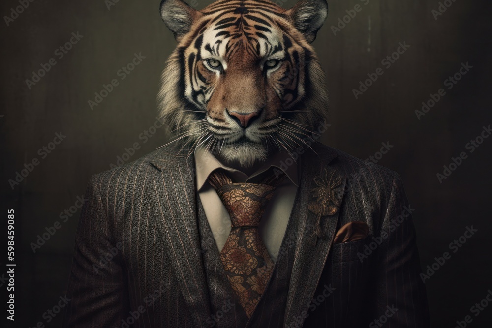 Anthropomorphic Tiger dressed in a suit like a businessman. Business Concept. AI generated, human enhanced Anthropomorphic Tiger dressed in a suit like a businessman. Business Concept. AI generated, human enhanced