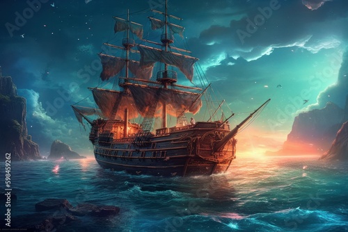 Pirate ship. Backdrop or background with copy space. AI generated, human enhanced.