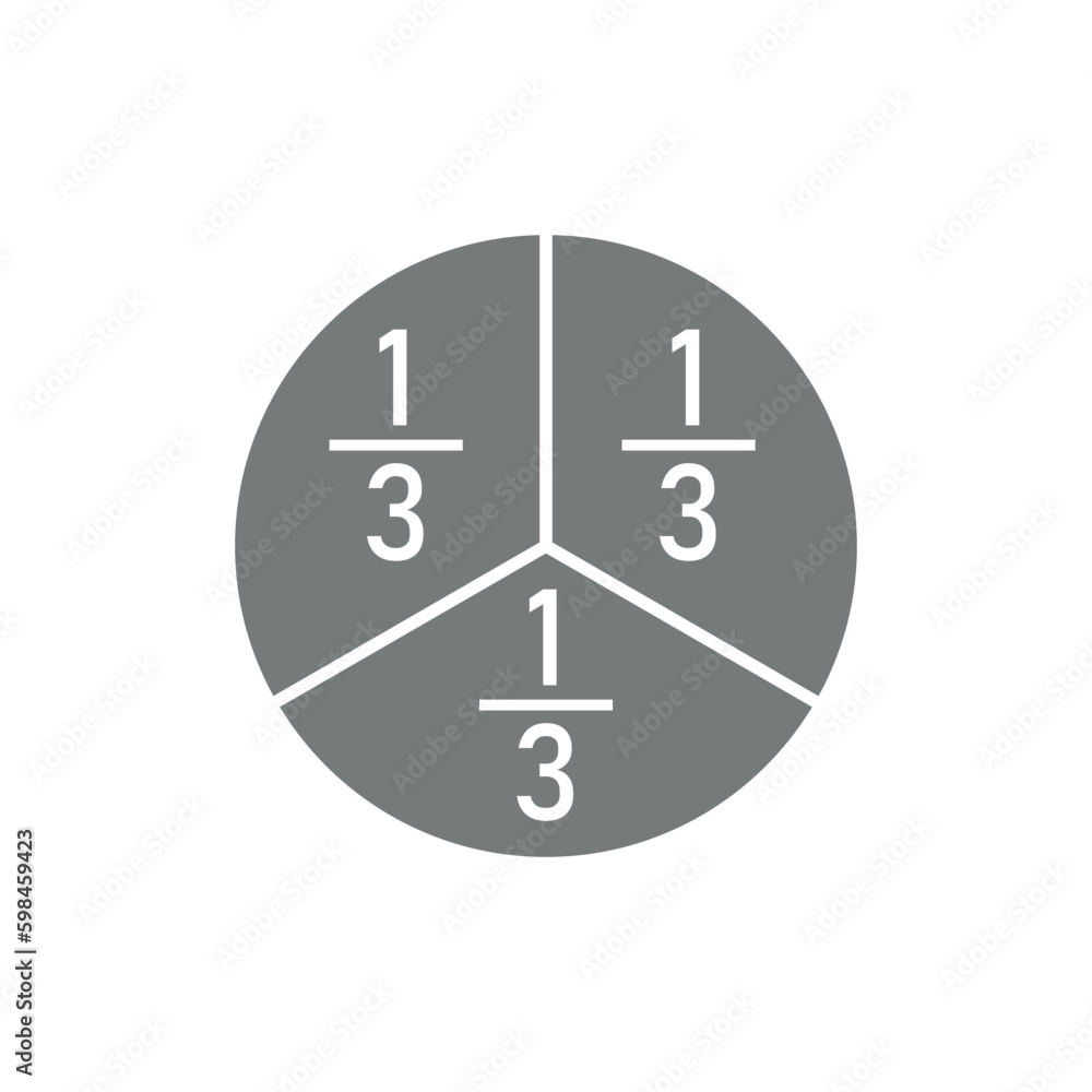 Circle divided into three equal segments. One third fraction circle ...