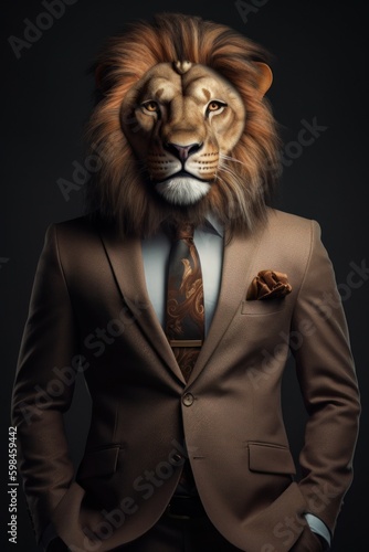 An anthropomorphic proud lion dressed in a business suit like a boss. AI generated  human enhanced