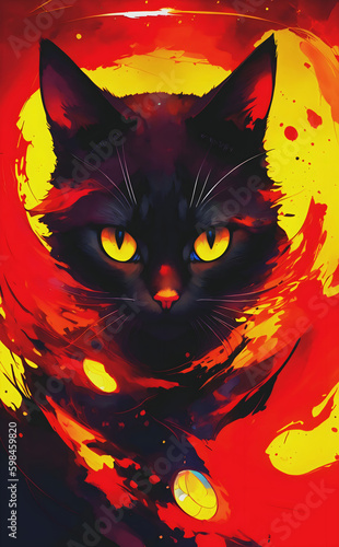 A poster of a black cat with yellow eyes and yellow eyes created using AI tools