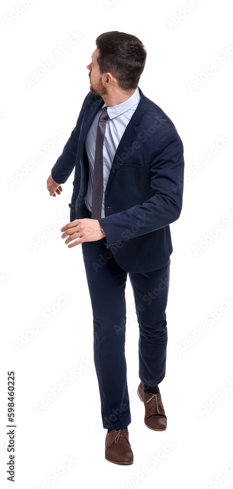 Handsome bearded businessman in suit running on white background Handsome bearded businessman in suit running on white background
