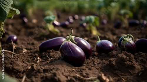 Ripe eggplant in the garden. Fresh organic eggplant aubergine. Purple aubergine growing in the soil. Created with Generative AI technology.