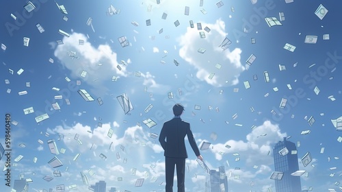 businessman with floating money, digital art illustration, Generative AI