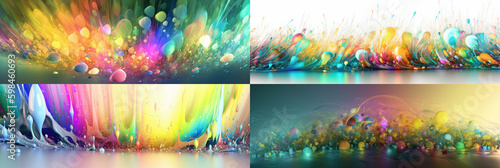 A set of four 10:3 ratio images have been arranged in a banner format, showcasing an abstract display of colorful rainbow drops and sparkles with a touch of fantasy fractal texture.  Generative AI  photo