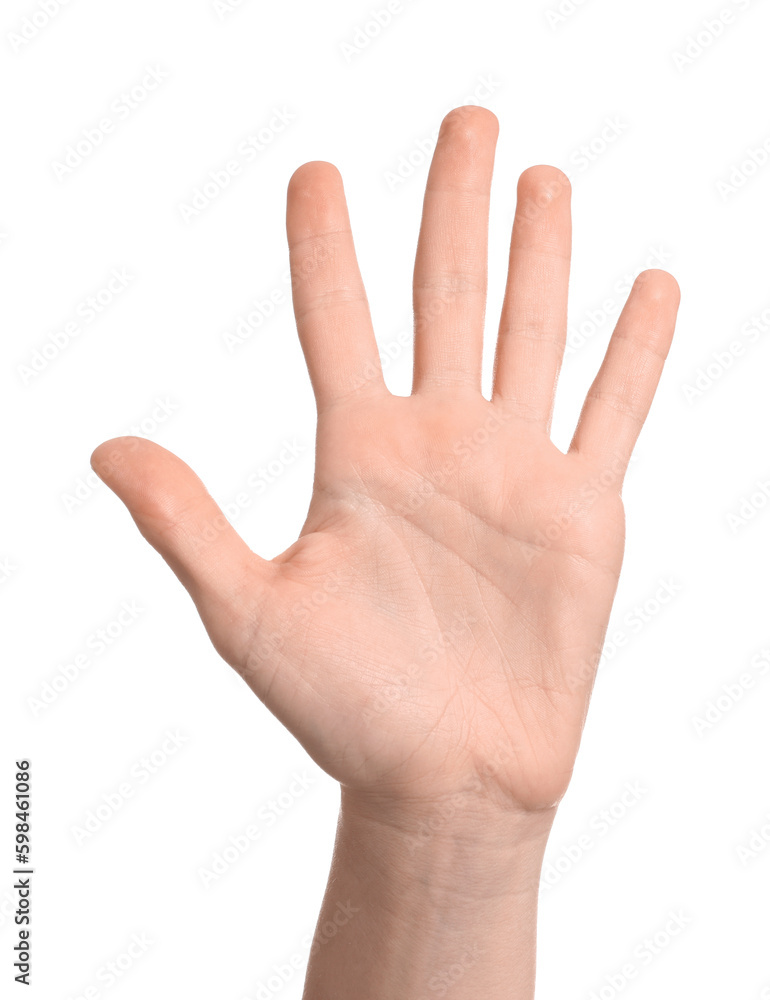 Woman giving high five on white background, closeup of hand Woman giving high five on white background, closeup of hand