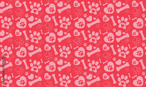 Seamless pattern with dog paw print, bone and hearts symbols on red background