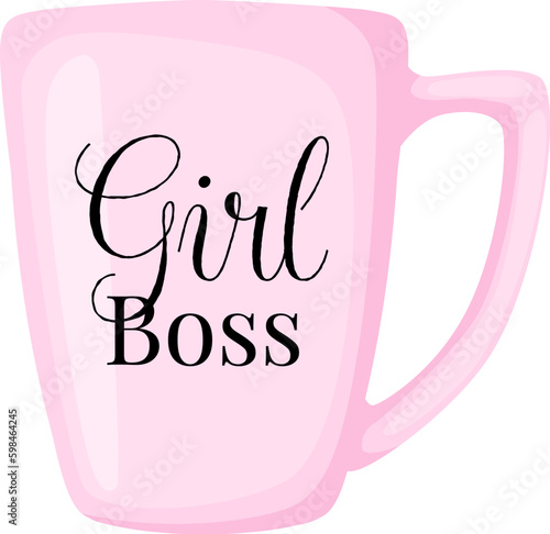 Inspirational pink mug with text Girl Boss isolated on white background in flat cartoon style.