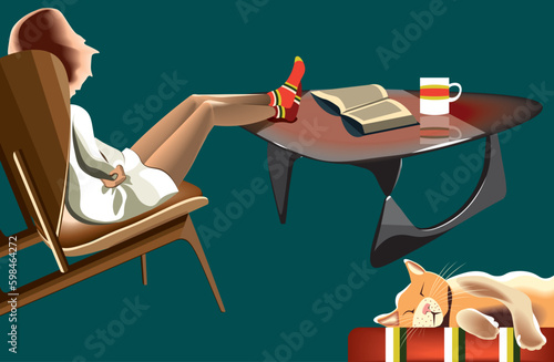 Young beautiful blond woman in white dress sitting on the modern armchair near the table with an open book and a cup of coffee on it and a red cat sleeping.