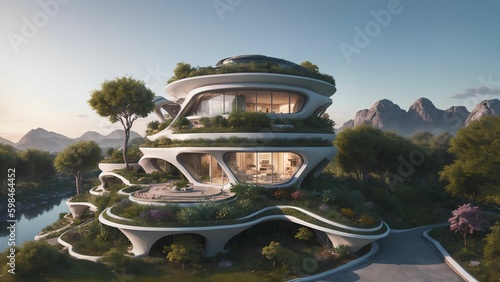Landscape of a sci-fi futuristic house in nature surrounded by lush broadleaf vegetation - Generative AI Illustration