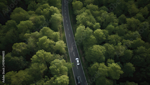 Aerial view green forest with car on the asphalt road created with Generative AI technology © Laughing Cat