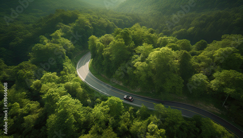 Aerial view green forest with car on the asphalt road created with Generative AI technology