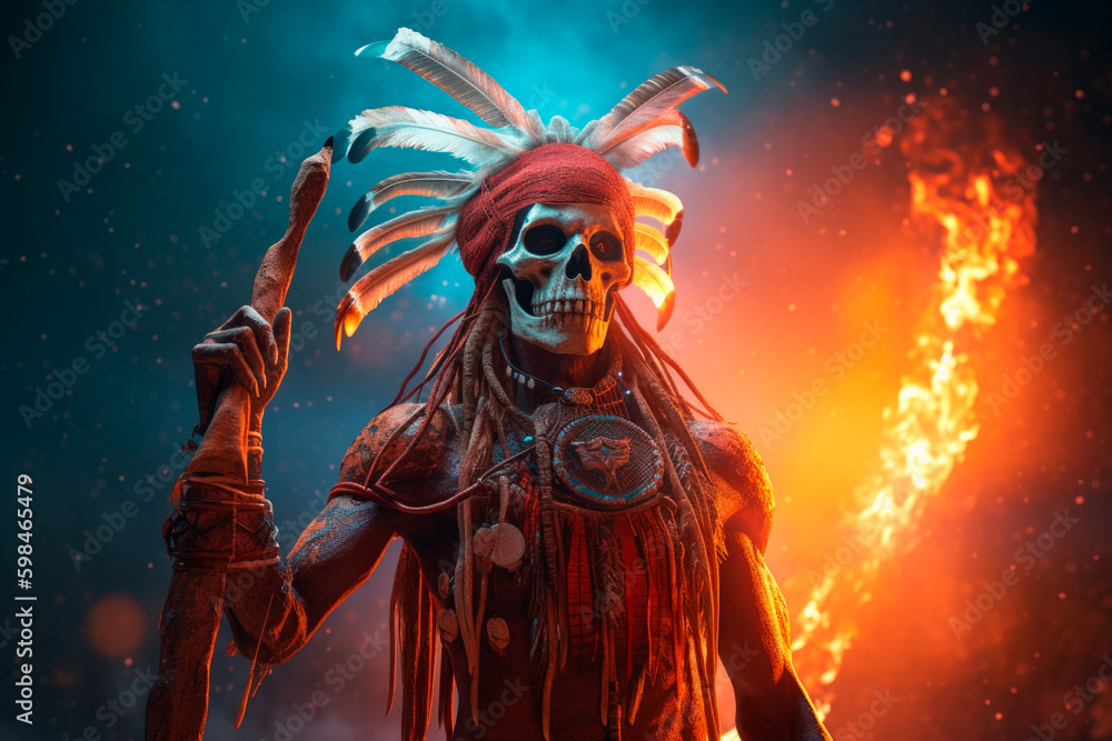 Powerful skeleton shaman, Indian chief. Generative AI