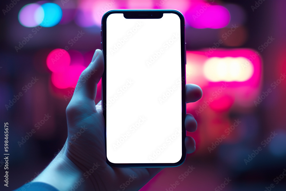 Close-up, hand holding smartphone with empty screen mockup in mid night city with neon lights . Generative ai - obrazy, fototapety, plakaty 