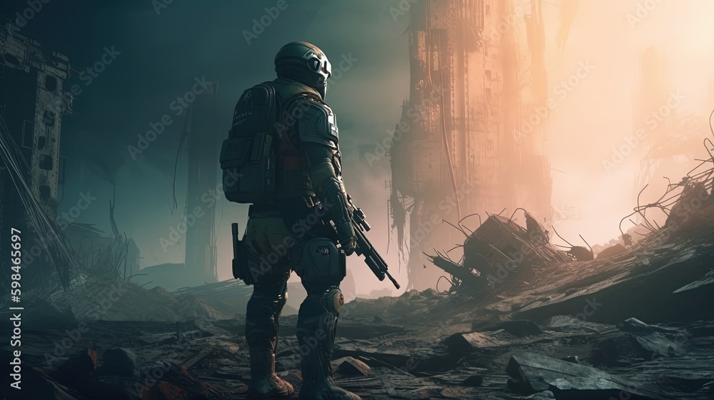 futuristic soldier on ruined city, digital art illustration, Generative AI futuristic soldier on ruined city, digital art illustration, Generative AI