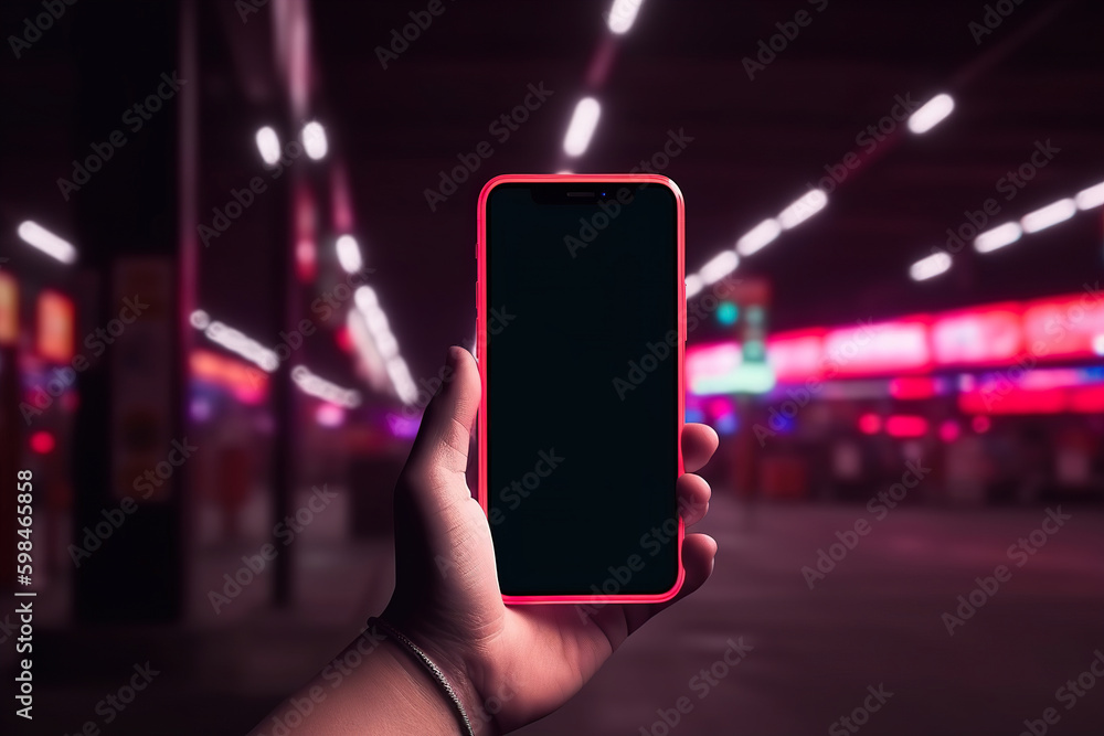 Close-up, hand holding smartphone with empty screen mockup in mid night ...