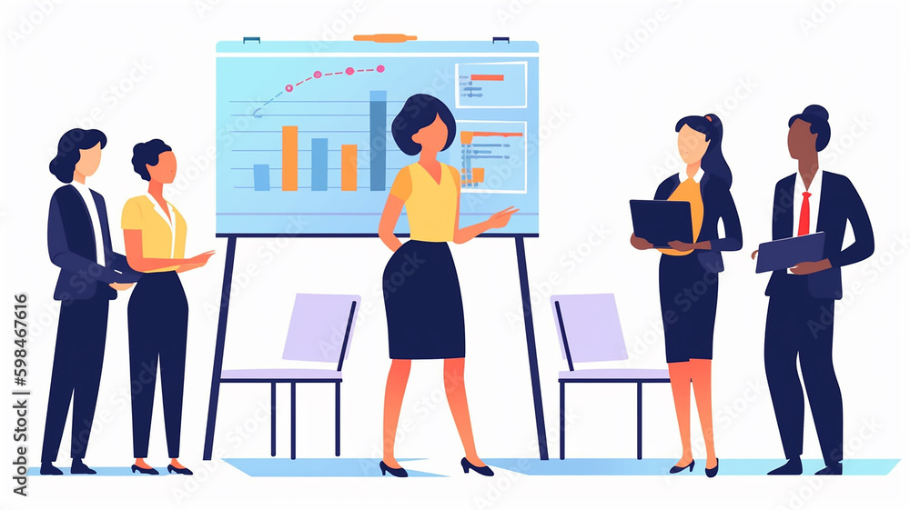 Teamwork or team building, office business meeting illustration. Conference and brainstorming, annual report and statistics graphics, discussion and planning in flat style. Created with Generative AI.