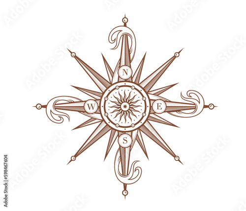 Vintage wind rose compass with medieval antique ribbons isolated icon. Vector tool for determining direction of traffic by sides of world, orientation in sea and ocean. Star-shaped maritime sign