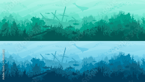 Underwater landscape silhouette, ocean undersea vector background with sunken ship, animals, seaweeds and coral reef shades. Deep sea world, seabed, seafloor aquatic space horizontal header or footer
