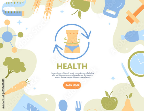 Healthy lifestyle background. Sports lifestyle and fitness, figure and workout. Fat burning and cardio workout. Diet and proper nutrition. Broccoli, carrot and apple. Cartoon flat vector illustration