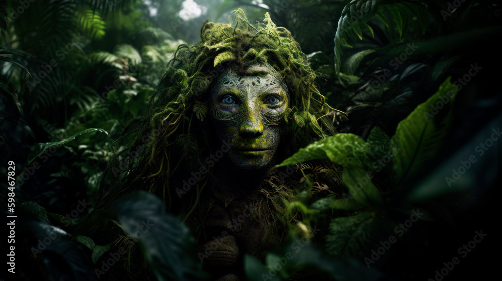 Scary jungle demon hided in green nature. Generative AI