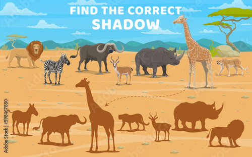 Find correct shadow of cartoon african savannah animals. Educational kids vector game worksheet  matching safari riddle with giraffe  zebra  rhino  buffalo or lion  antelope or cheetah fauna creatures