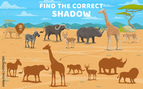 Find correct shadow of cartoon african savannah animals. Educational kids vector game worksheet, matching safari riddle with giraffe, zebra, rhino, buffalo or lion, antelope or cheetah fauna creatures