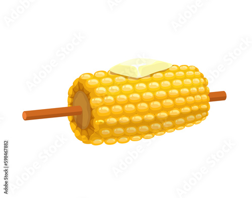 Cartoon sweet corn stick with butter and salt, vector vegetable food. Maize with ripe sweet grains or kernels, hot baked or grilled corn cob on skewer. Vegetarian dish for barbecue party, street food