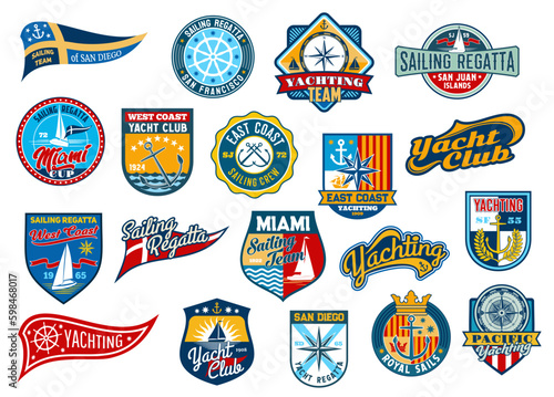 Sail badge patches, yachting sport or regatta vintage retro embroidery, yacht club vector labels. Marine nautical sailor team patches for regatta cruise, ship anchor, compass and royal crown emblems