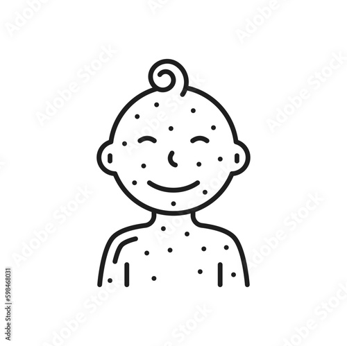 Sick child with body in dots having chicken pox outline icon. Vector skin disease, itching rashes on skin of young boy or girl. Measles treatment