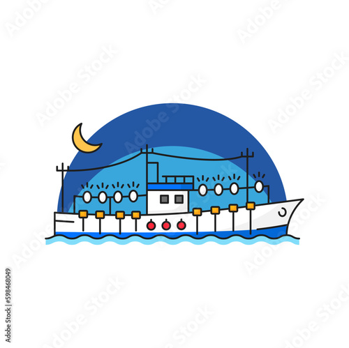Fishing industry trawler boat or vessel line icon. Fishery craft, seafood catch or offshore fishing industry thin line vector symbol. Aquaculture technology outline sign or pictogram with ship in sea