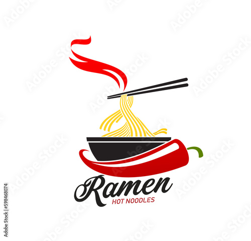 Ramen hot noodles icon. Asian ramen, Japanese fast food meal or oriental cuisine restaurant menu vector symbol. Chinese or Korean cafe sign or icon with hot noodles, chopsticks and chili pepper