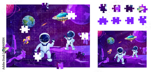 Cartoon space jigsaw puzzle game pieces. Astronauts on purple galaxy planet. Vector worksheet for development children attentive skills. Educational preschool riddle with funny spacemen and ufo plate