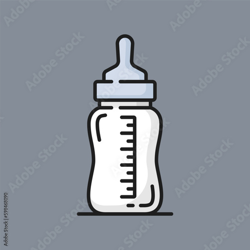 Glass or plastic bottle with measuring scale and silicone rubber pacifier isolated color line icon. Vector sterile container, baby milk bottle i