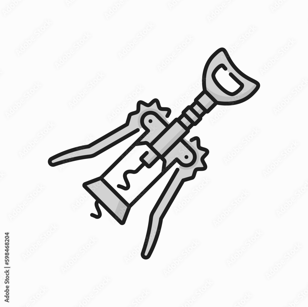 Twisted spin to open wine, metal kitchenware utensil isolated corkscrew color icon. Vector corkscrew bottle opener with handle, object to uncork drinks Twisted spin to open wine, metal kitchenware utensil isolated corkscrew color icon. Vector corkscrew bottle opener with handle, object to uncork drinks