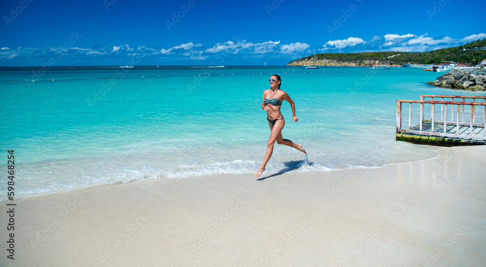 woman running on summer vacation holidays. photo of woman running on summer vacation.