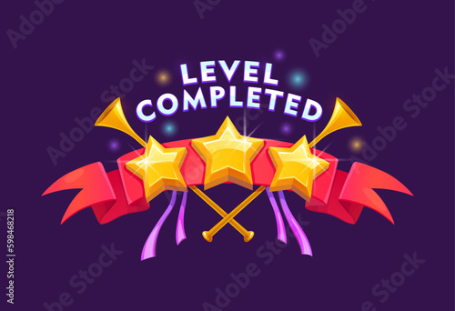 Game level complete badge or icon with golden stars, red banner and trumpets. Isolated ui or gui popup screen asset, button, element for mobile app or game menu interface