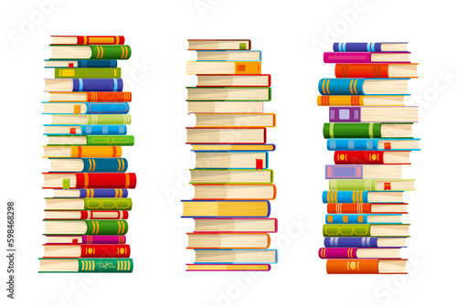 High book stacks or pile, library textbooks and school literature heaps, isolated vector. Book stacks and library textbook pile towers, education study dictionary and bookstore or college books heaps
