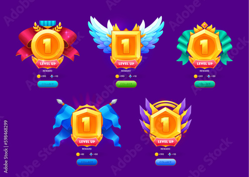 Level up award or reward badges and game assets, vector UI icons of gold prize. Level up awards or bonus ranks and medal trophy rewards with ribbons and winner wings for arcade video game next level