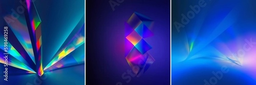 Prism gleaming abstract shapes set AI 3d graphic. Blue purple violet colors.